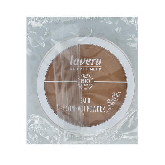 Lavera Satin compact powder in medium sand shade, 10g, for a smooth, natural finish on the face.