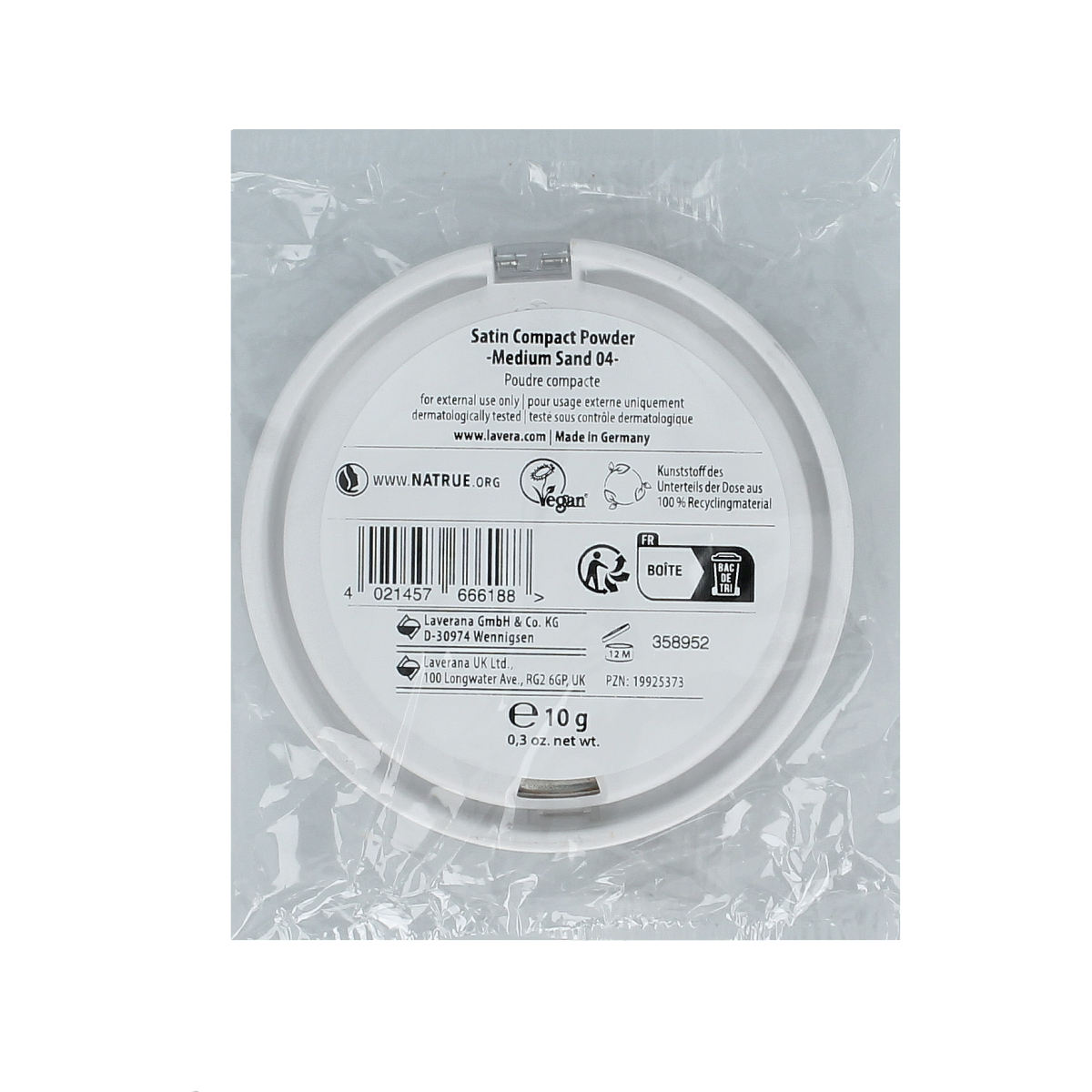 Lavera Satin Compact Powder in Medium Sand 04, 10g, face makeup with smooth, natural finish, compact with mirror and applicator.