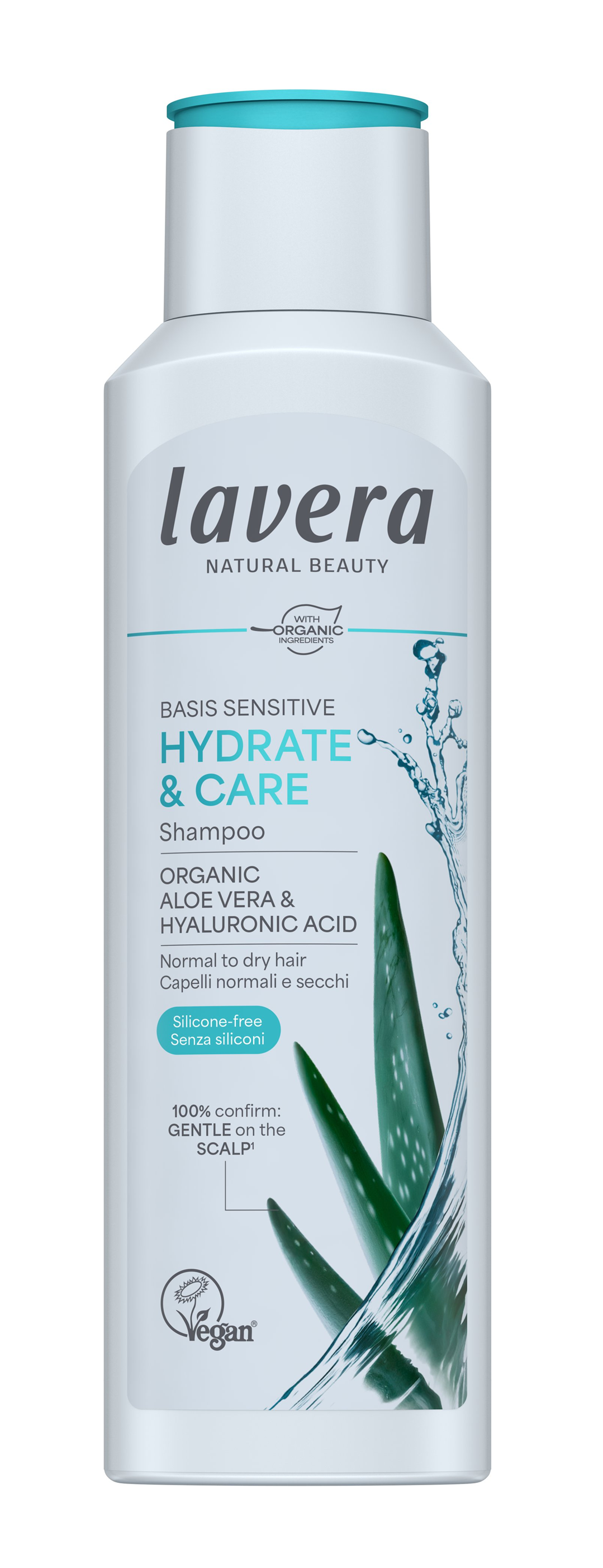 Lavera Basis Sensitive Hydrate & Care shampoo bottle for sensitive hair, 250ml, with natural ingredients and gentle formula.