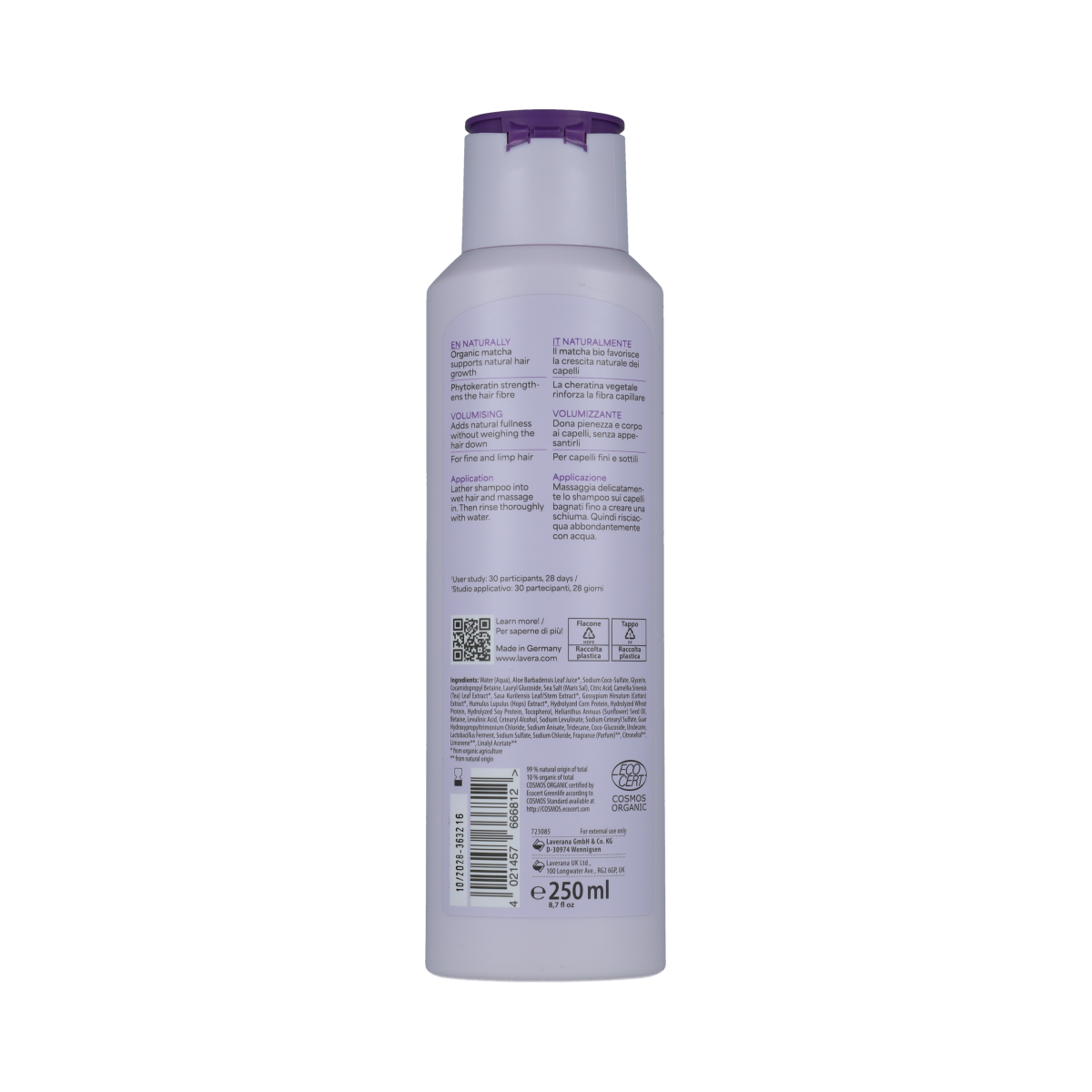 Lavera Volume & Lift shampoo bottle, 250ml, for hair care and added volume, with natural ingredients.