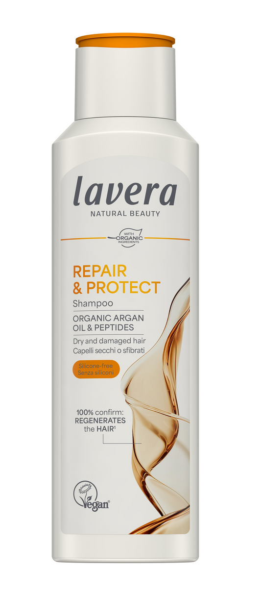 Lavera Repair & Protect shampoo bottle for hair care, 250ml, with natural ingredients and nourishing formula.