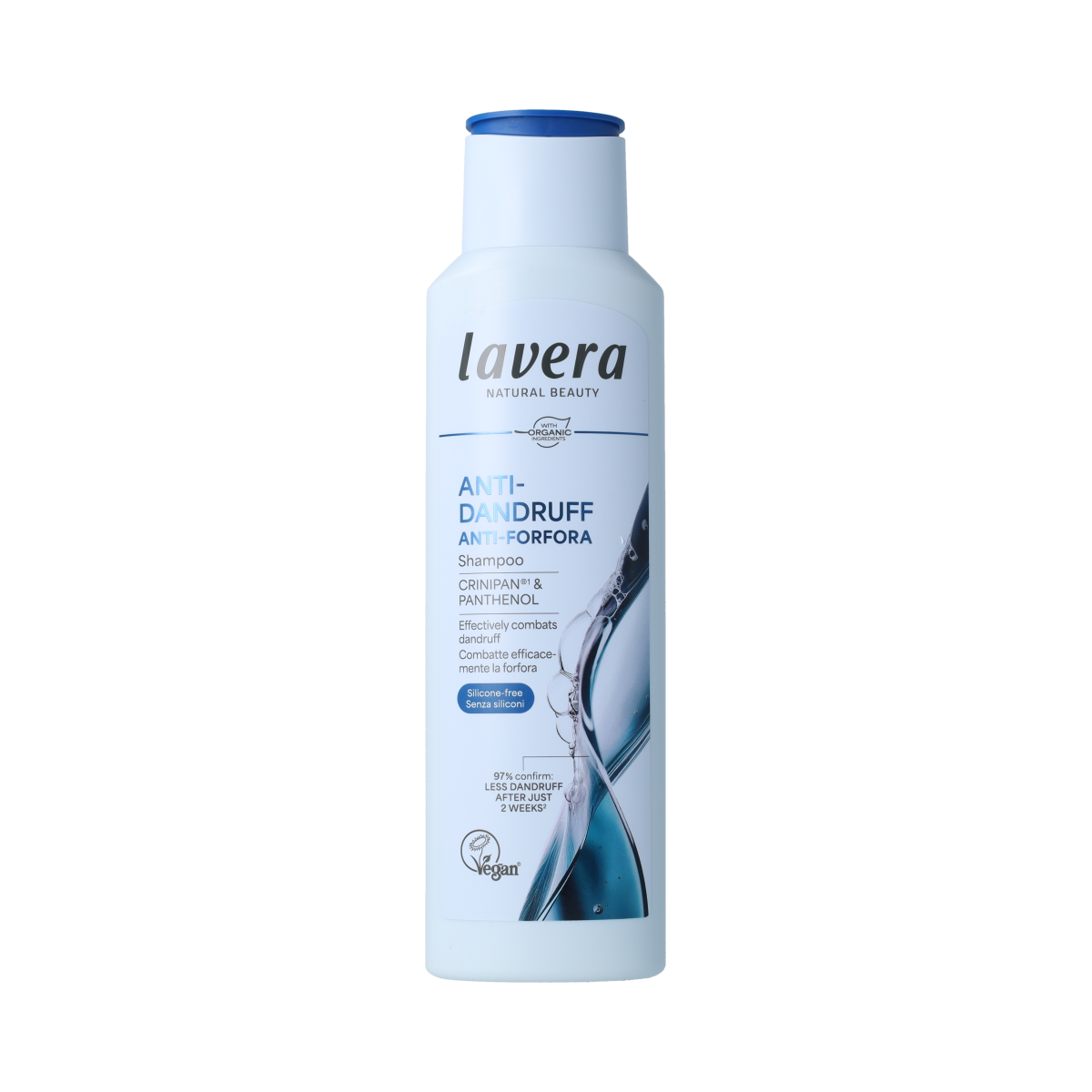 Lavera Anti-Dandruff Shampoo bottle, 250ml, for scalp care and dandruff control, in a natural haircare product image.