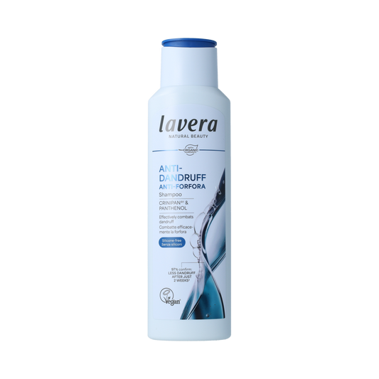 Lavera Anti-Dandruff Shampoo bottle, 250ml, for scalp care and dandruff control, in a natural haircare product image.