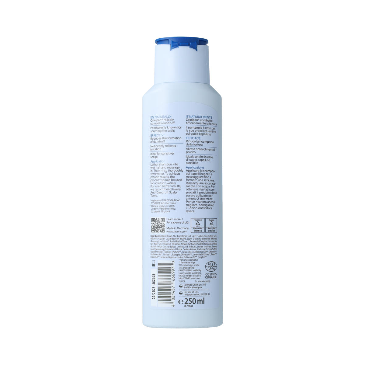 Lavera Anti-Dandruff Shampoo bottle, 250ml, for scalp care and dandruff relief, in a natural hair care product image.