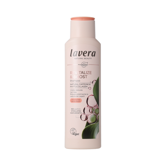 Lavera Revitalize & Boost shampoo bottle, 250ml, for hair care and revitalization, with natural ingredients.