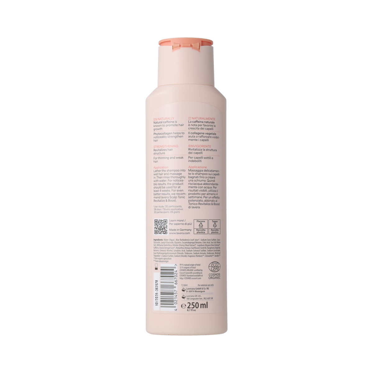 Lavera Revitalize & Boost shampoo bottle for hair care, 250ml, with natural ingredients for revitalizing hair.