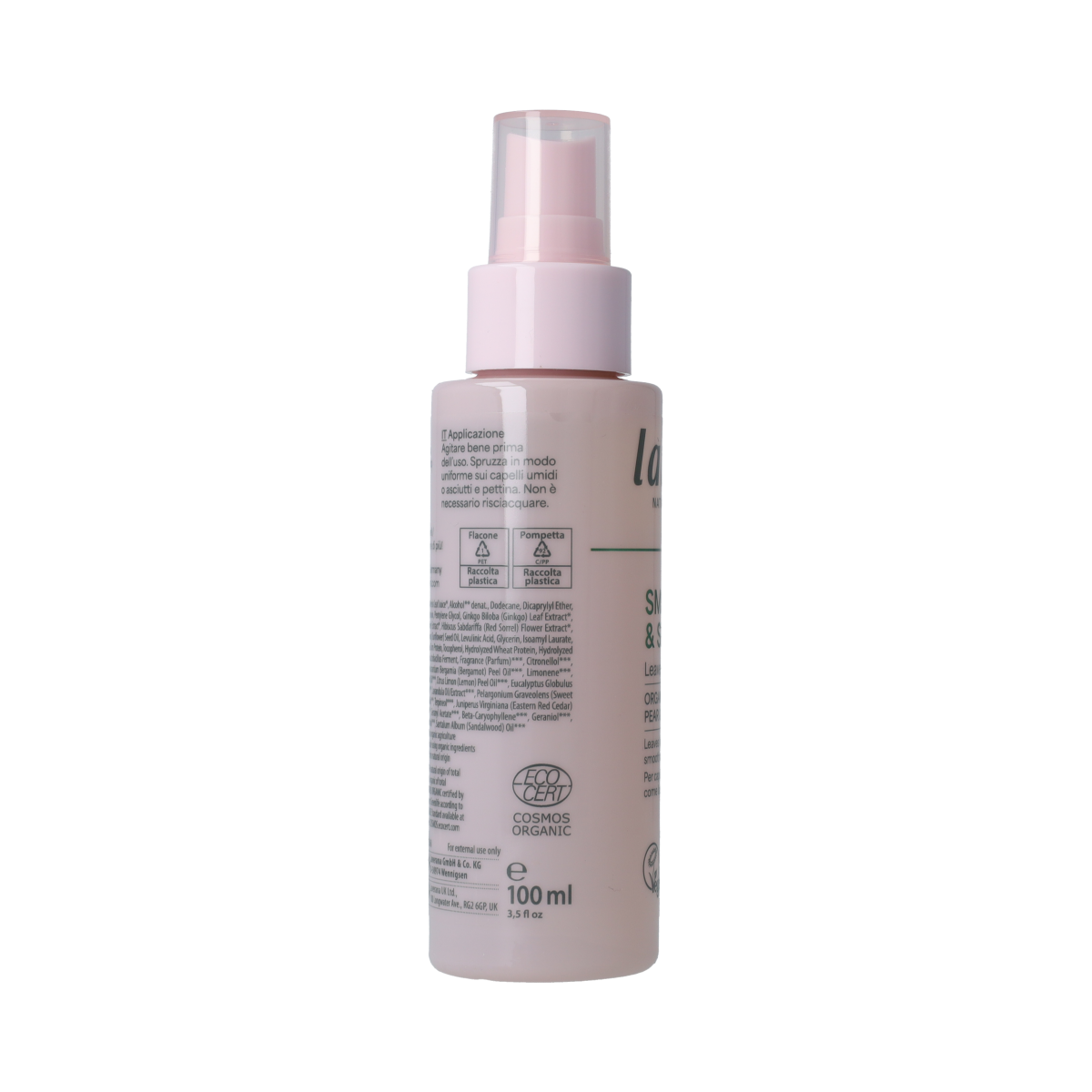 Lavera Hair Leave-in Spray 100ml in a transparent spray bottle, designed for hair care and nourishment.