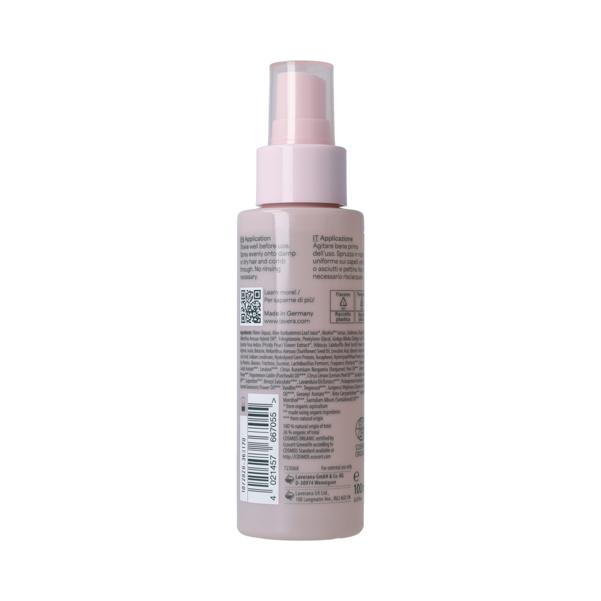 Lavera Hair Leave-in Spray in 100ml bottle, a natural hair care product for nourishing and styling hair.