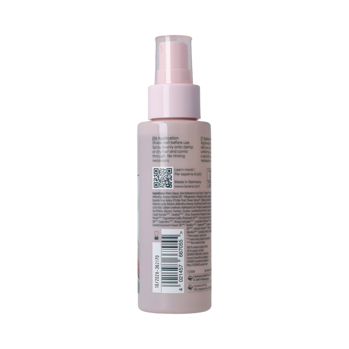 Lavera Hair Leave-in Spray 100ml, a natural Haarverzorging product in a clear spray bottle with blue accents.