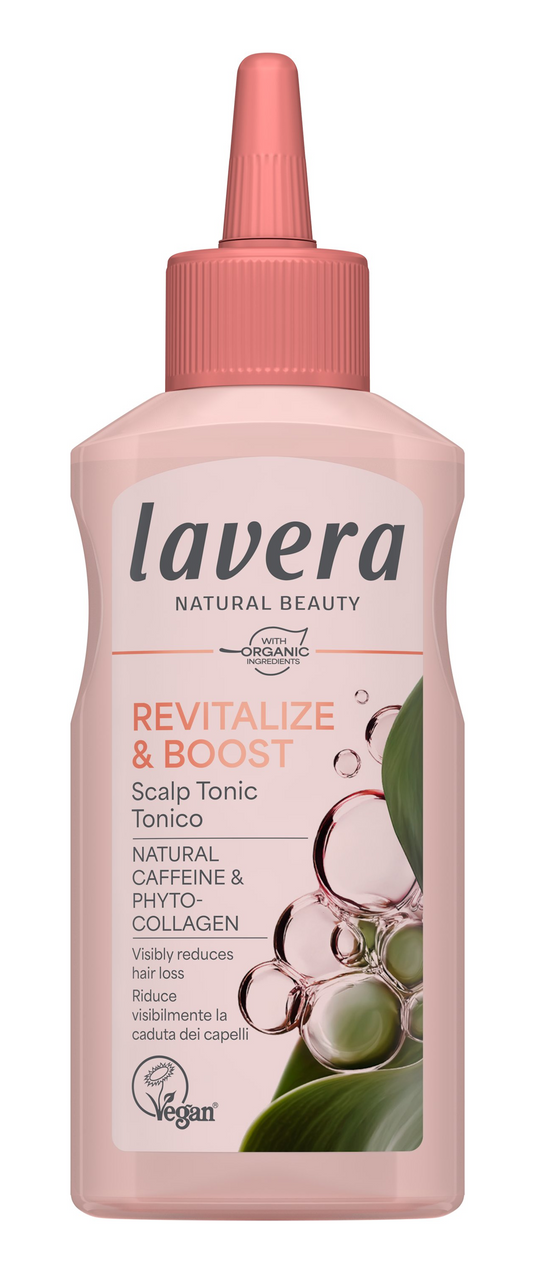 Lavera Scalp Tonic Revitalize & Boost bottle, 125ml, hair care product for scalp revitalization and hair health.