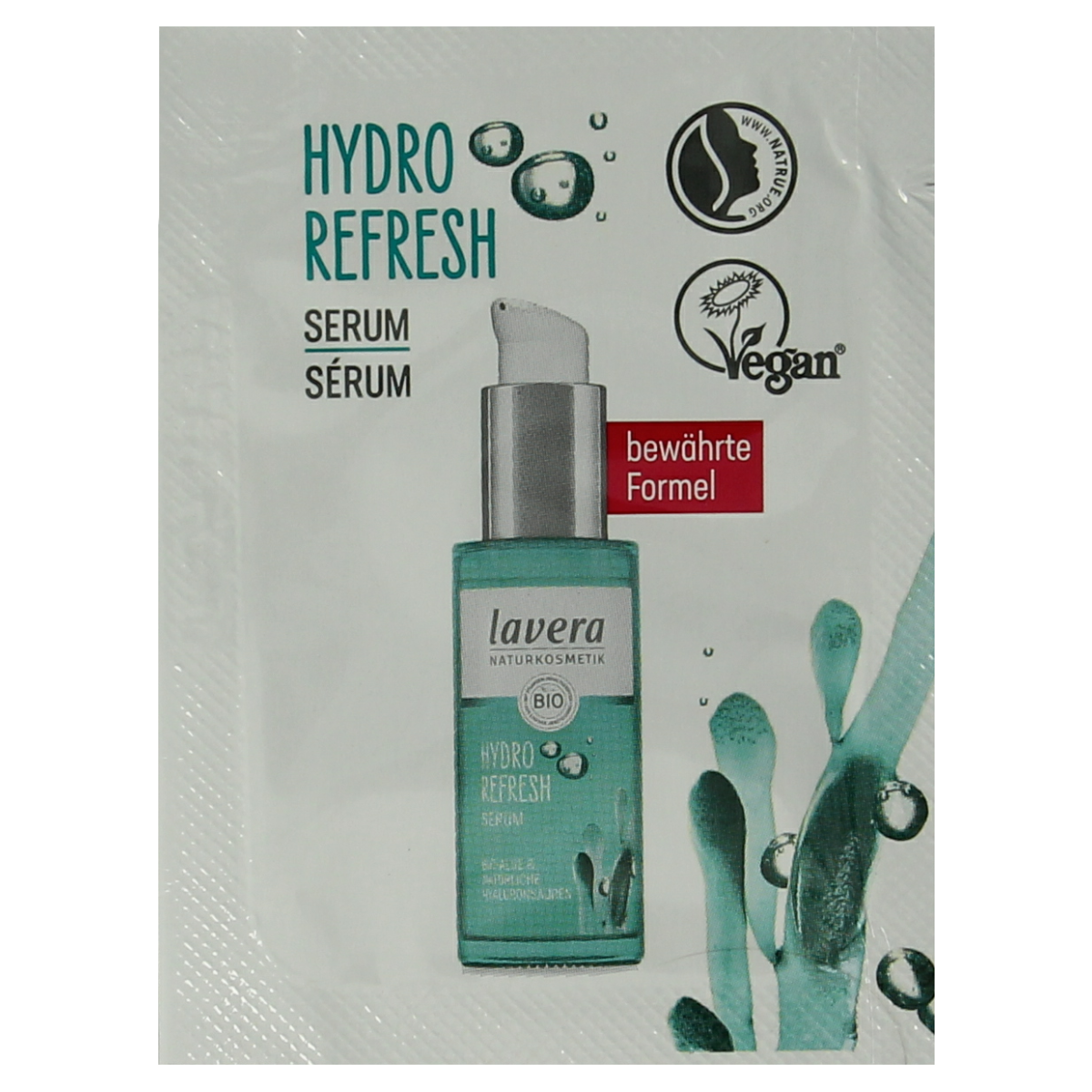 Lavera Hydro Refresh Face Serum sample pack with 100 units, featuring clear bottles and dropper applicators for skincare.