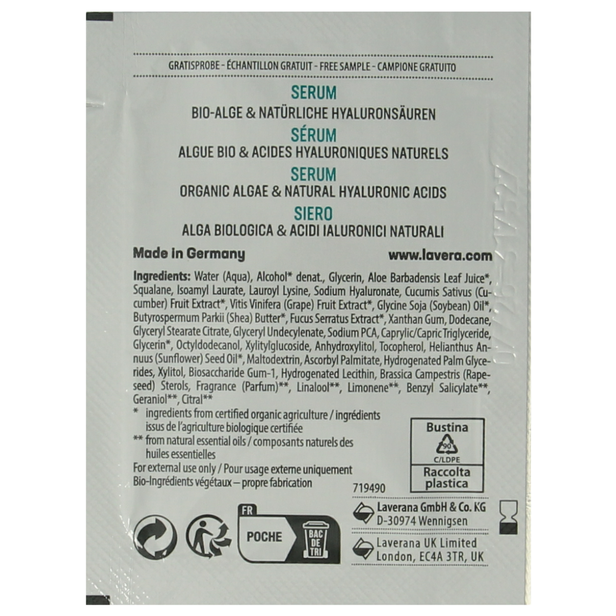 Lavera Hydro Refresh Serum sample pack with 100 units, facial skincare product for hydration and revitalization.