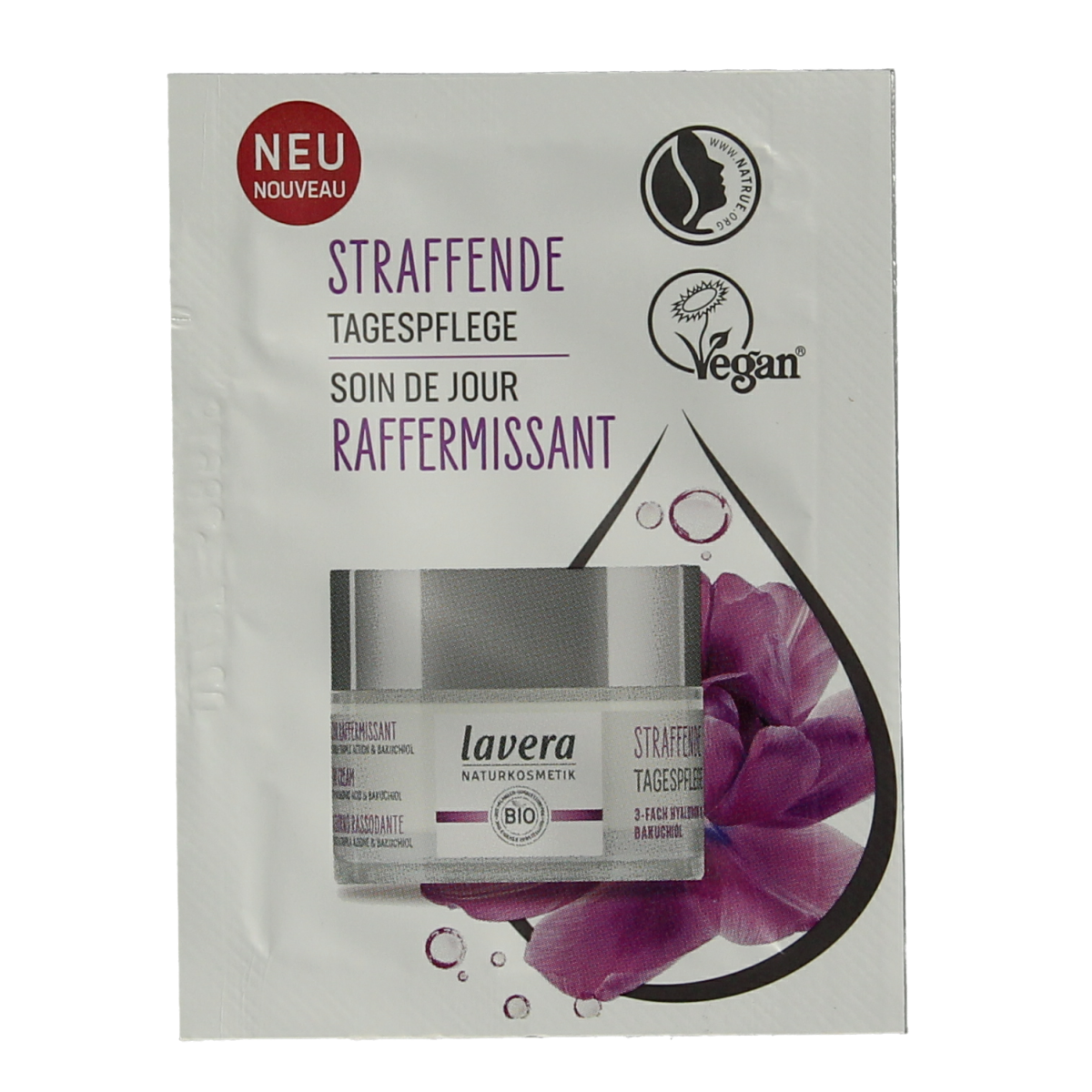 Lavera Sample firming day cream for facial skincare, 100 units, in a white jar with a green label, showing the product inside.