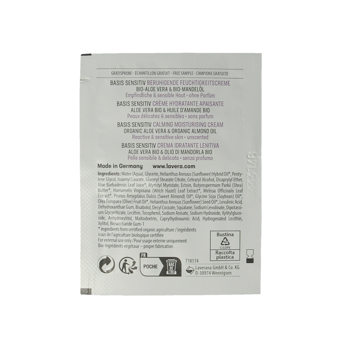 Lavera Basis Sensitive Moisturizing Cream jar for facial skincare, natural bio formula, 100g.