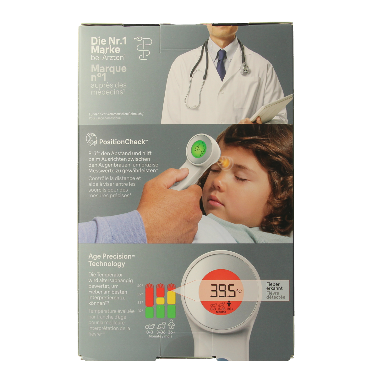 Braun BNT 400WE forehead thermometer with digital display showing temperature readings on screen.
