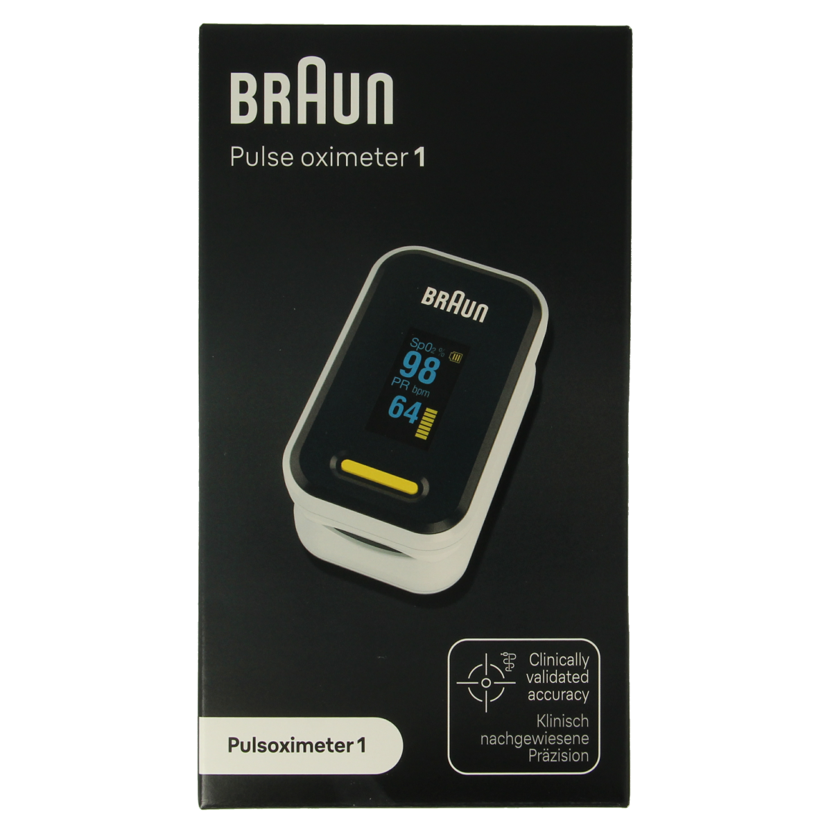 Braun pulse oximeter instrument showing digital display and finger sensor, used for measuring blood oxygen levels.