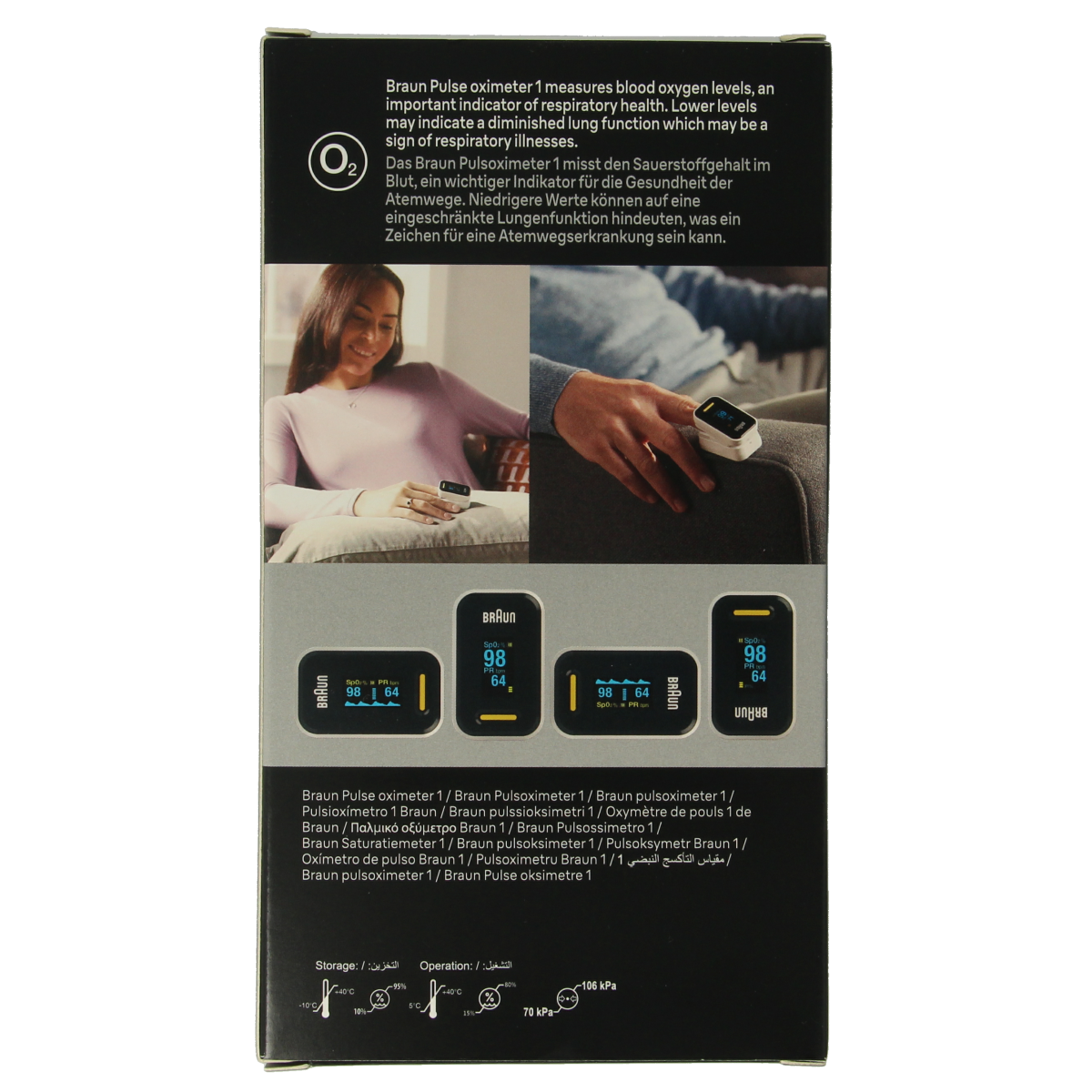 Braun Pulse Oximeter showing digital display and sensor, compact medical instrument for measuring blood oxygen levels.