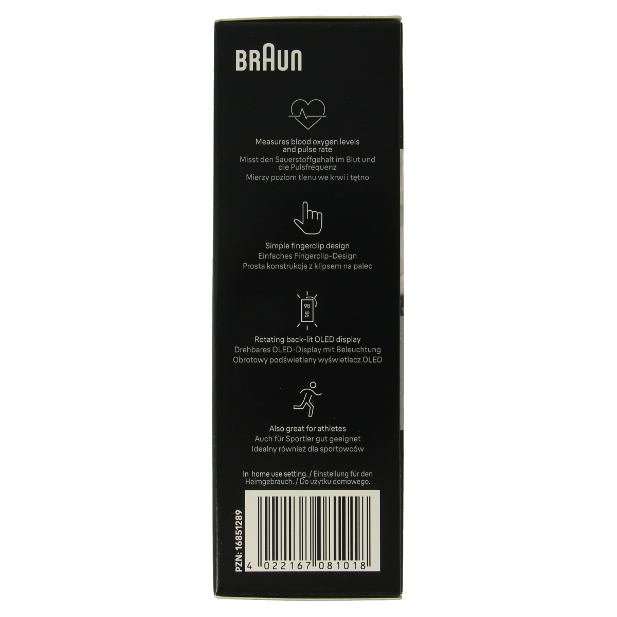 Braun Pulse oximeter displaying digital readings on screen, compact medical instrument for measuring oxygen levels.