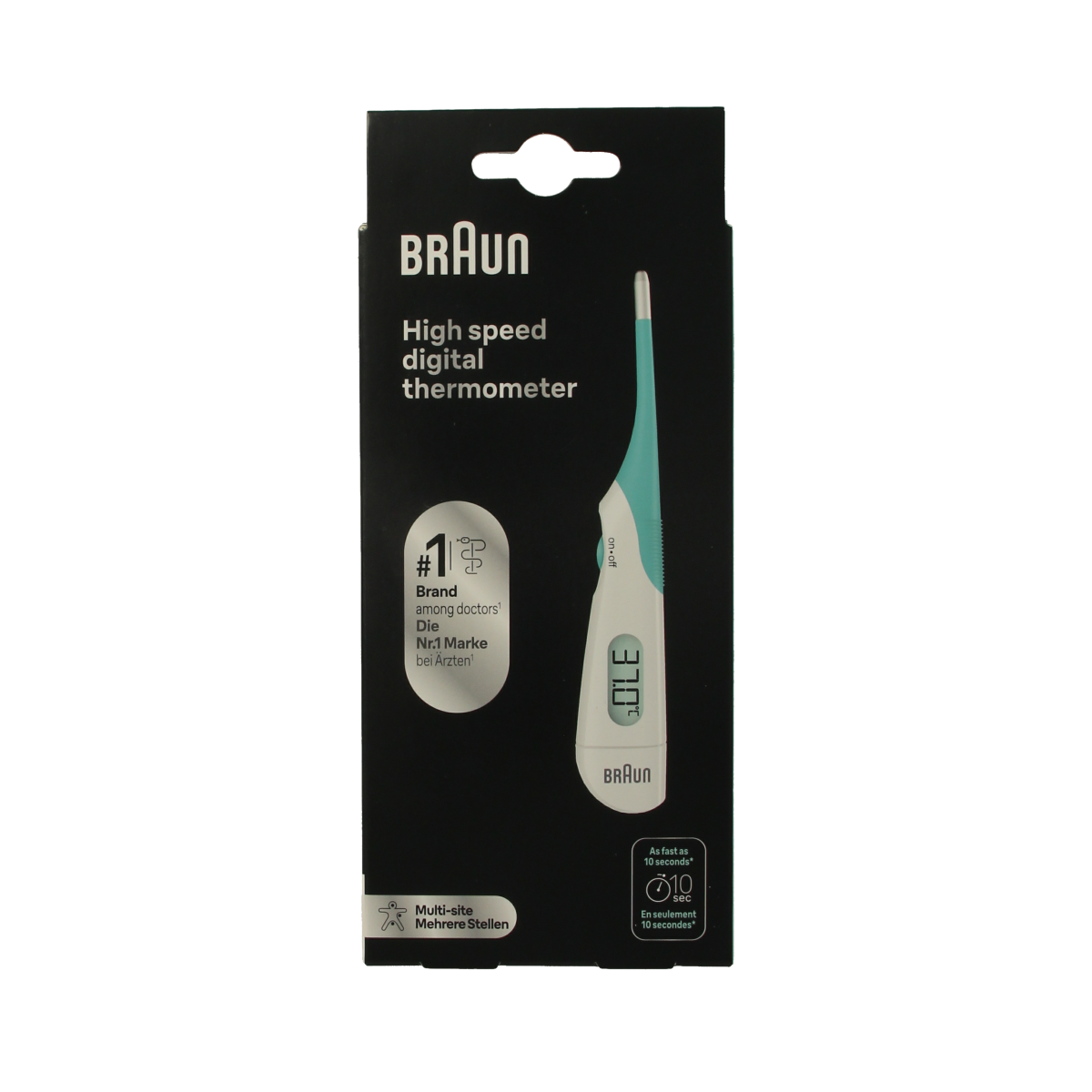 Digital Braun thermometer PRT1000 showing a clear LCD display, ideal for accurate body temperature measurement.
