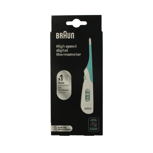 Digital Braun thermometer PRT1000 showing a clear LCD display, ideal for accurate body temperature measurement.