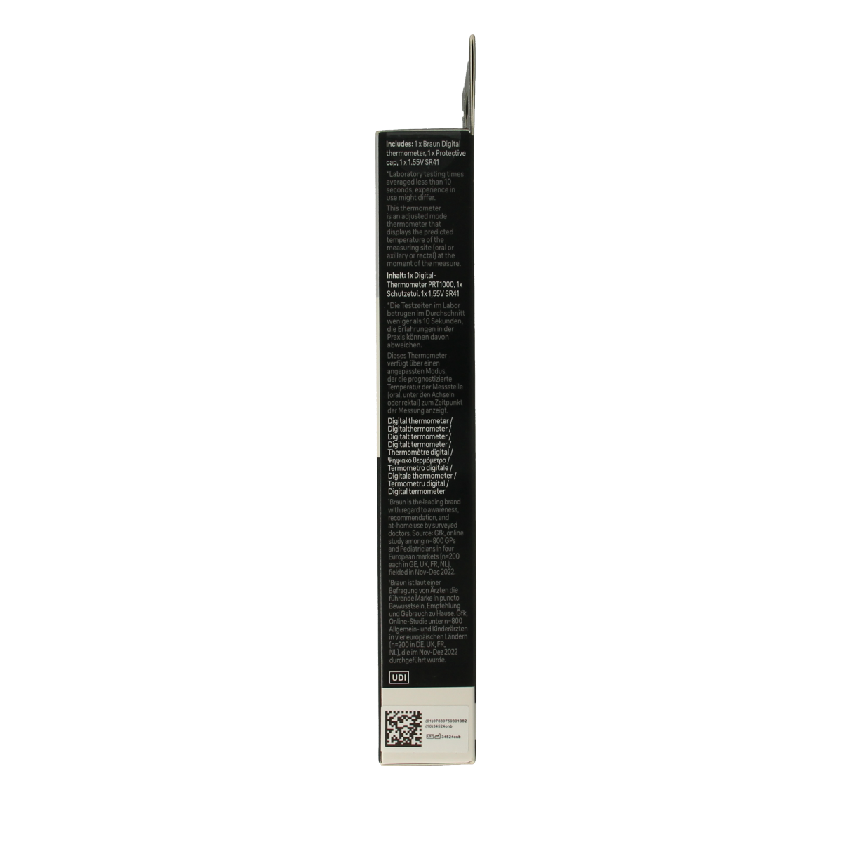 Digital thermometer Braun PRT1000 showing a clear LCD display for accurate temperature readings.