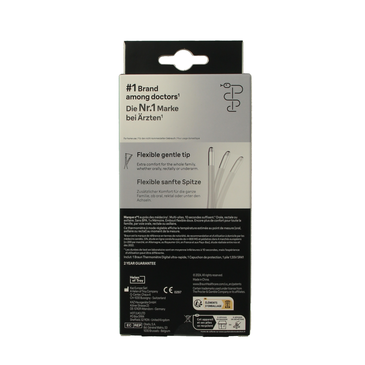 Braun digital thermometer PRT1000 displaying temperature, with a sleek design and digital screen for accurate readings.