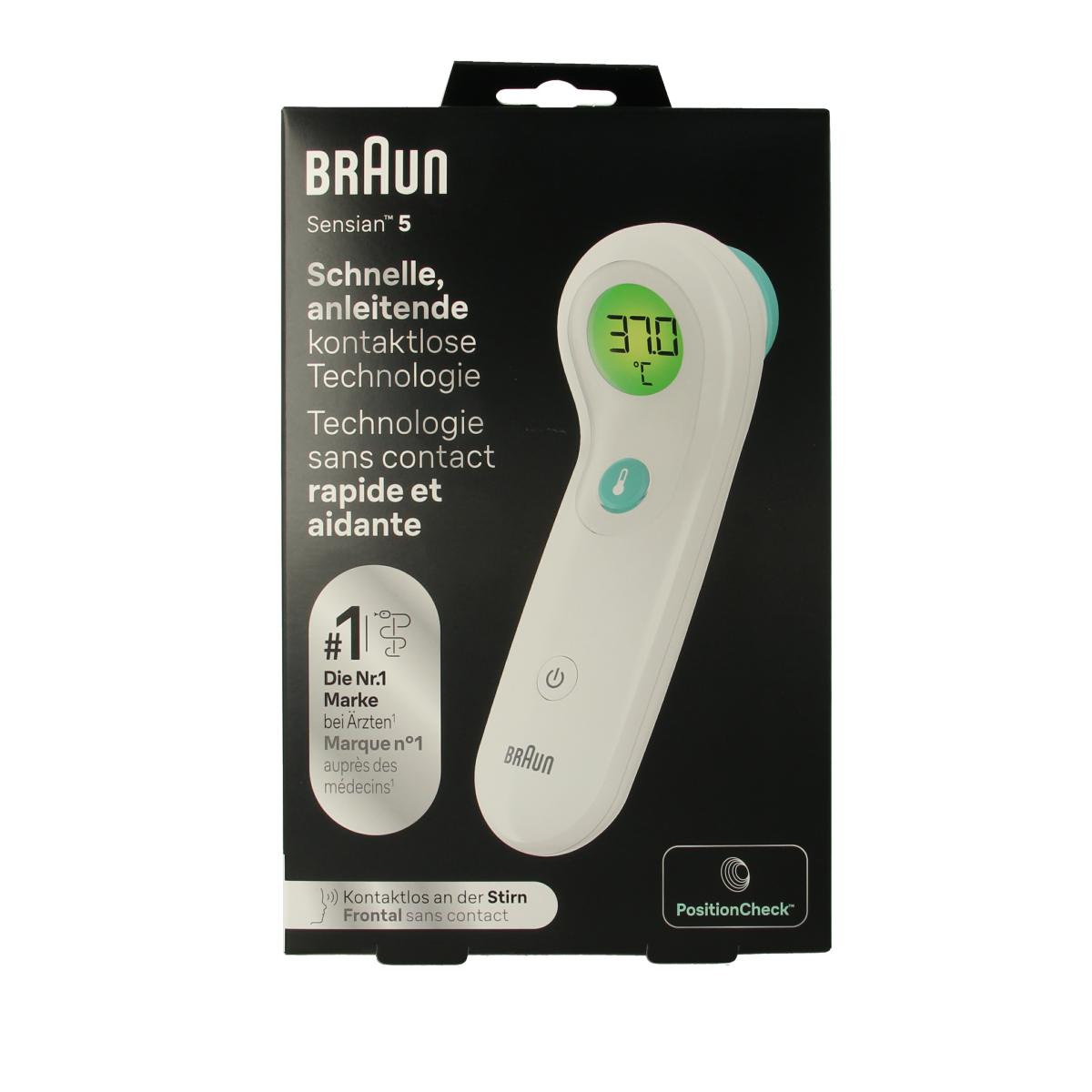 Braun BNT300WE forehead thermometer showing digital display and sensor for accurate temperature readings.