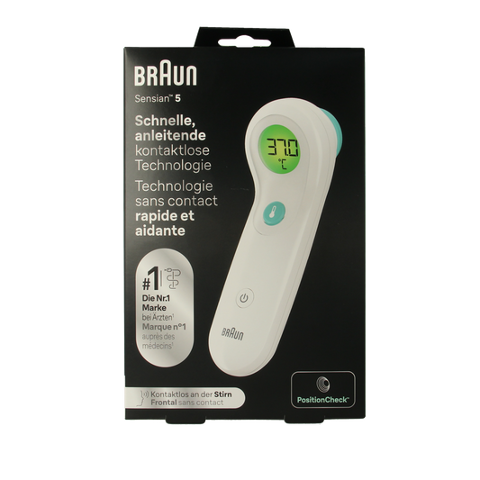 Braun BNT300WE forehead thermometer showing digital display and sensor for accurate temperature readings.