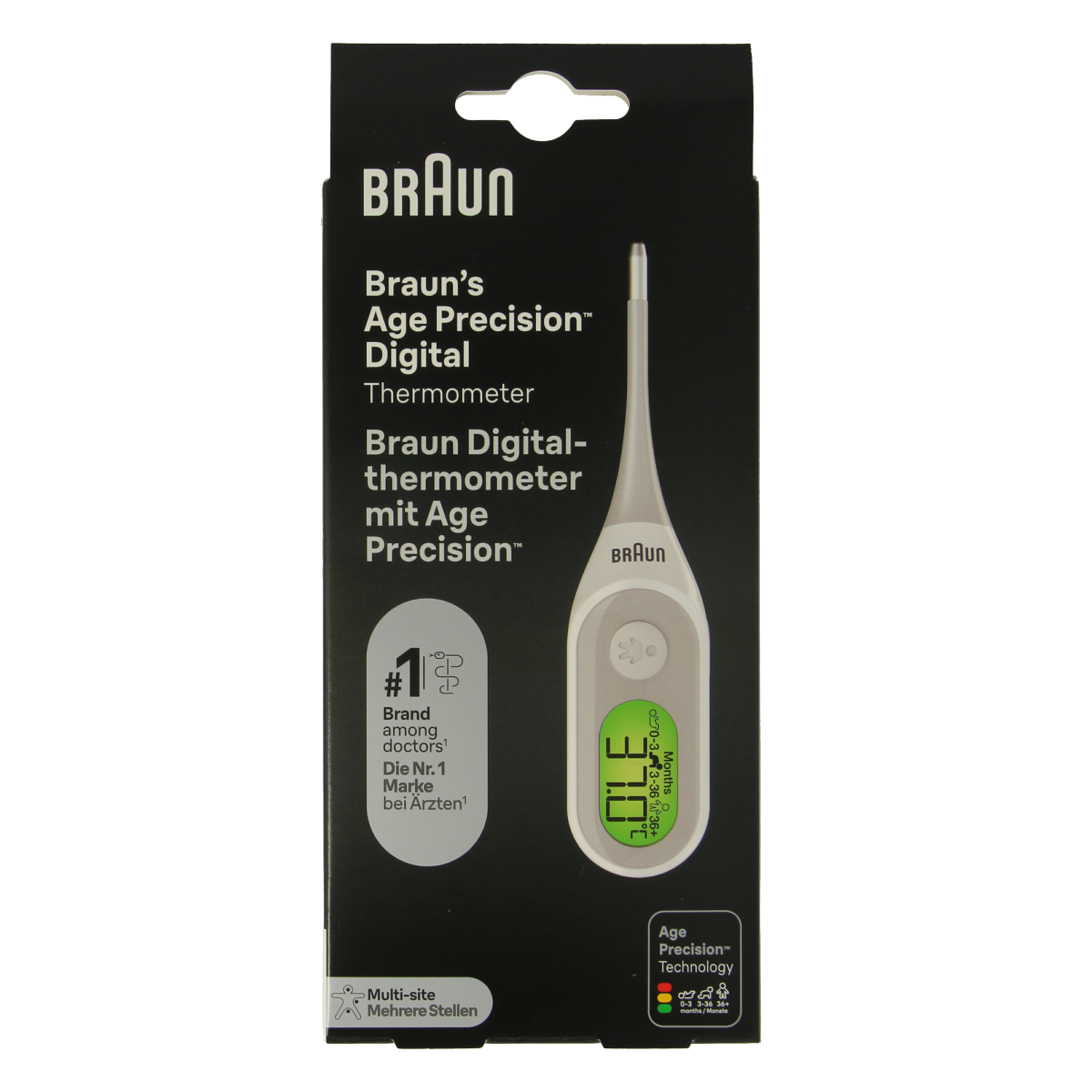 Digital Braun Thermometer PRT2000 showing a clear display and probe, used for accurate temperature measurement.