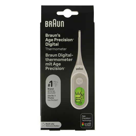Digital Braun Thermometer PRT2000 showing a clear display and probe, used for accurate temperature measurement.