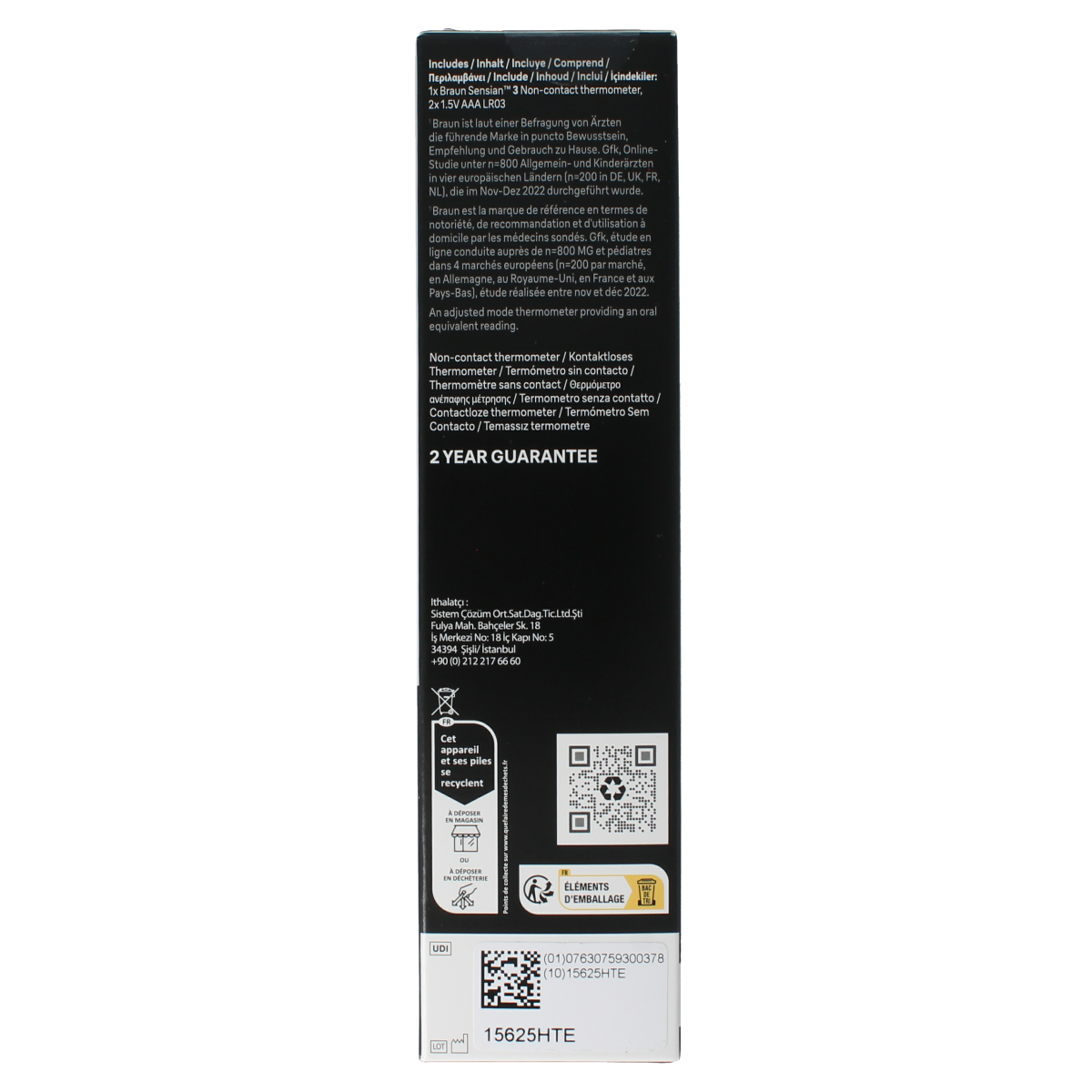 Braun Sensian 3 forehead thermometer in white with digital display and probe for accurate temperature readings.