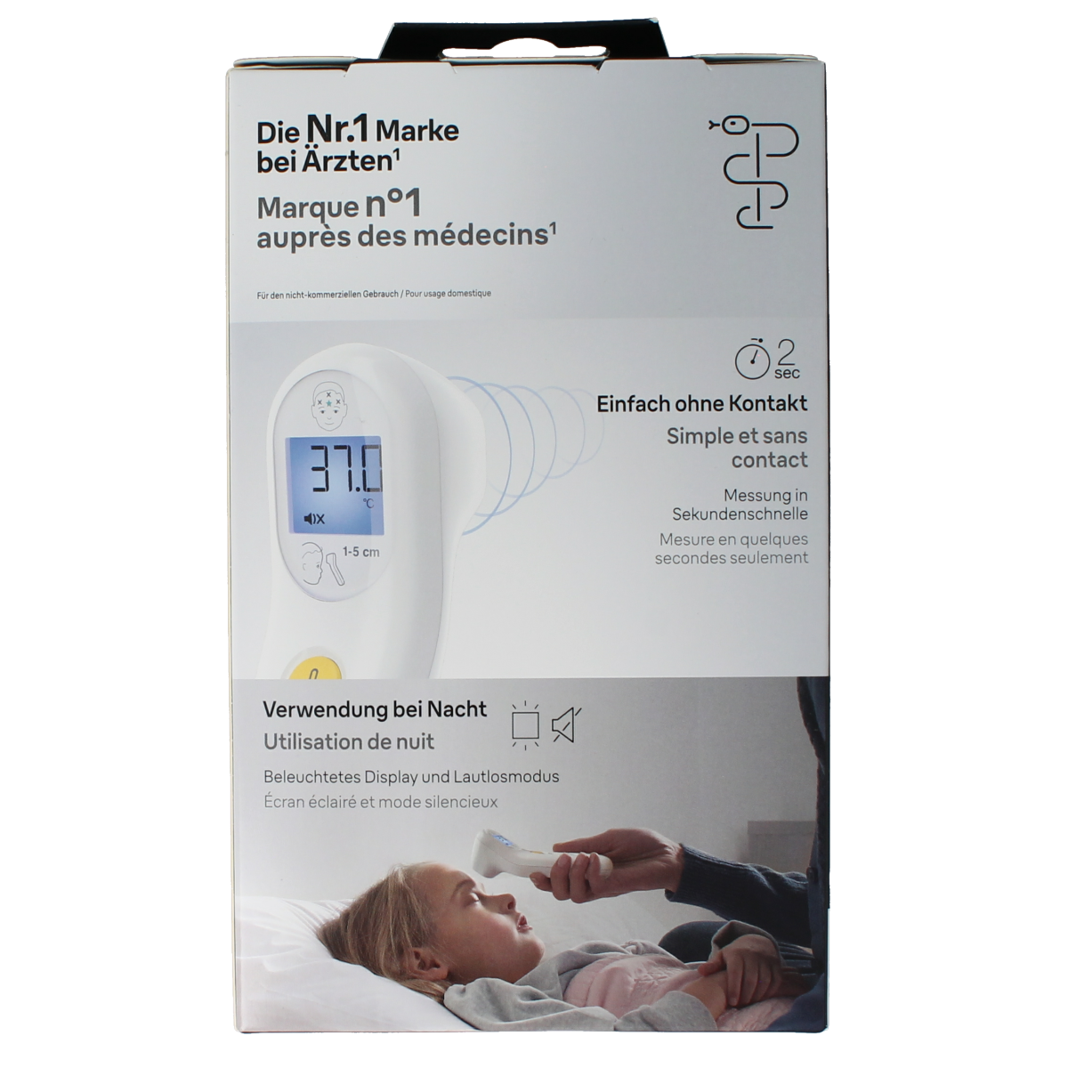 Braun Sensian 3 BNT050 forehead thermometer showing digital display and measurement probe in close-up image