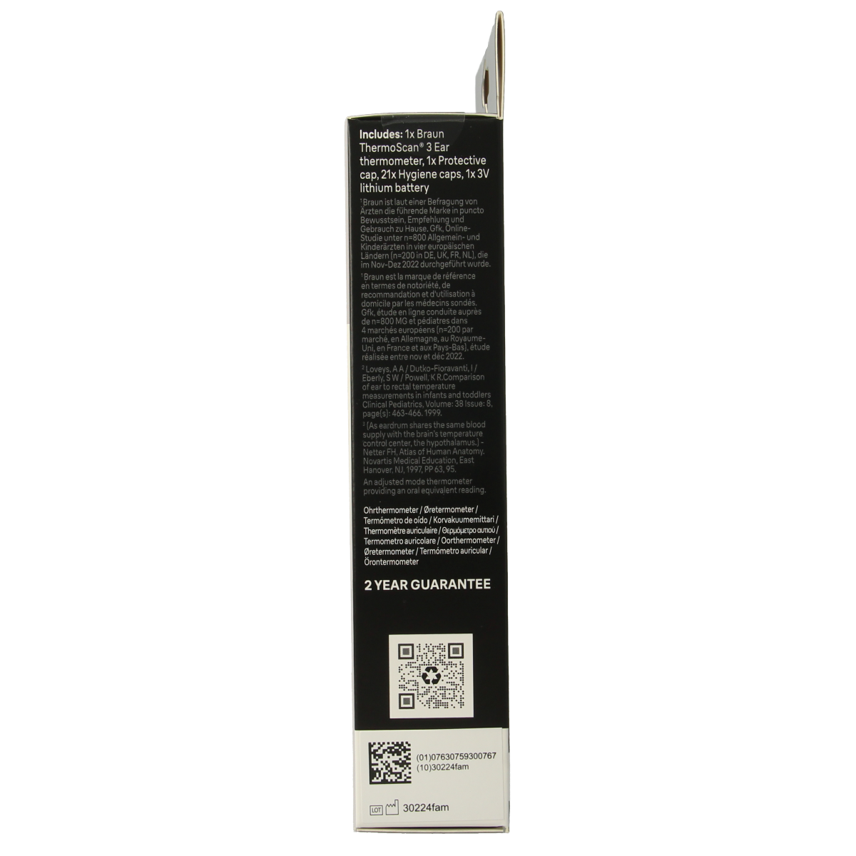 Braun Thermoscan IRT 3030WE digital thermometer showing display and probe for accurate ear temperature measurement.