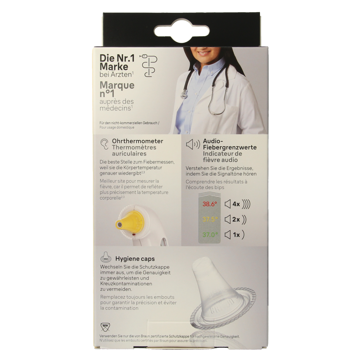 Braun Thermoscan IRT 3030WE infrared thermometer showing digital display and probe for accurate temperature readings.