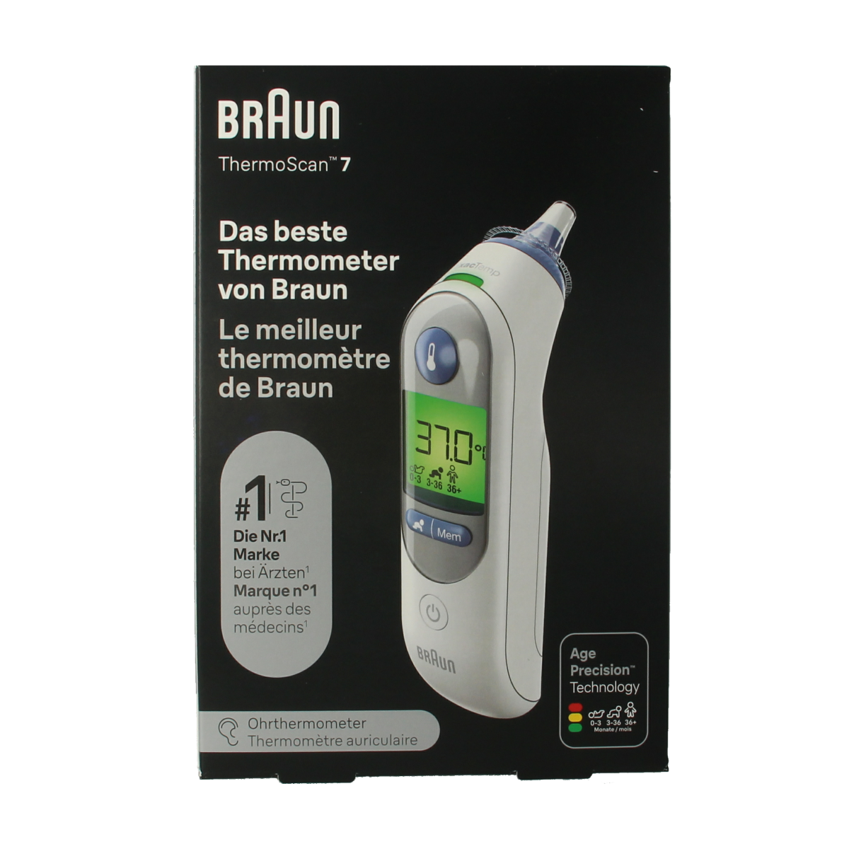 Braun Thermoscan 7 IRT 6520 infrared thermometer showing digital display and probe sensor for accurate temperature readings.