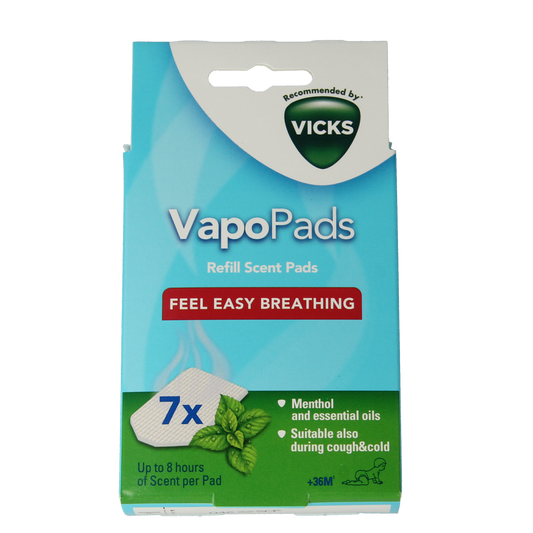 Vicks Vapopad classic nasal inhalation pads, 7 packs, for nasal congestion relief, featuring Vicks soothing vapor therapy.