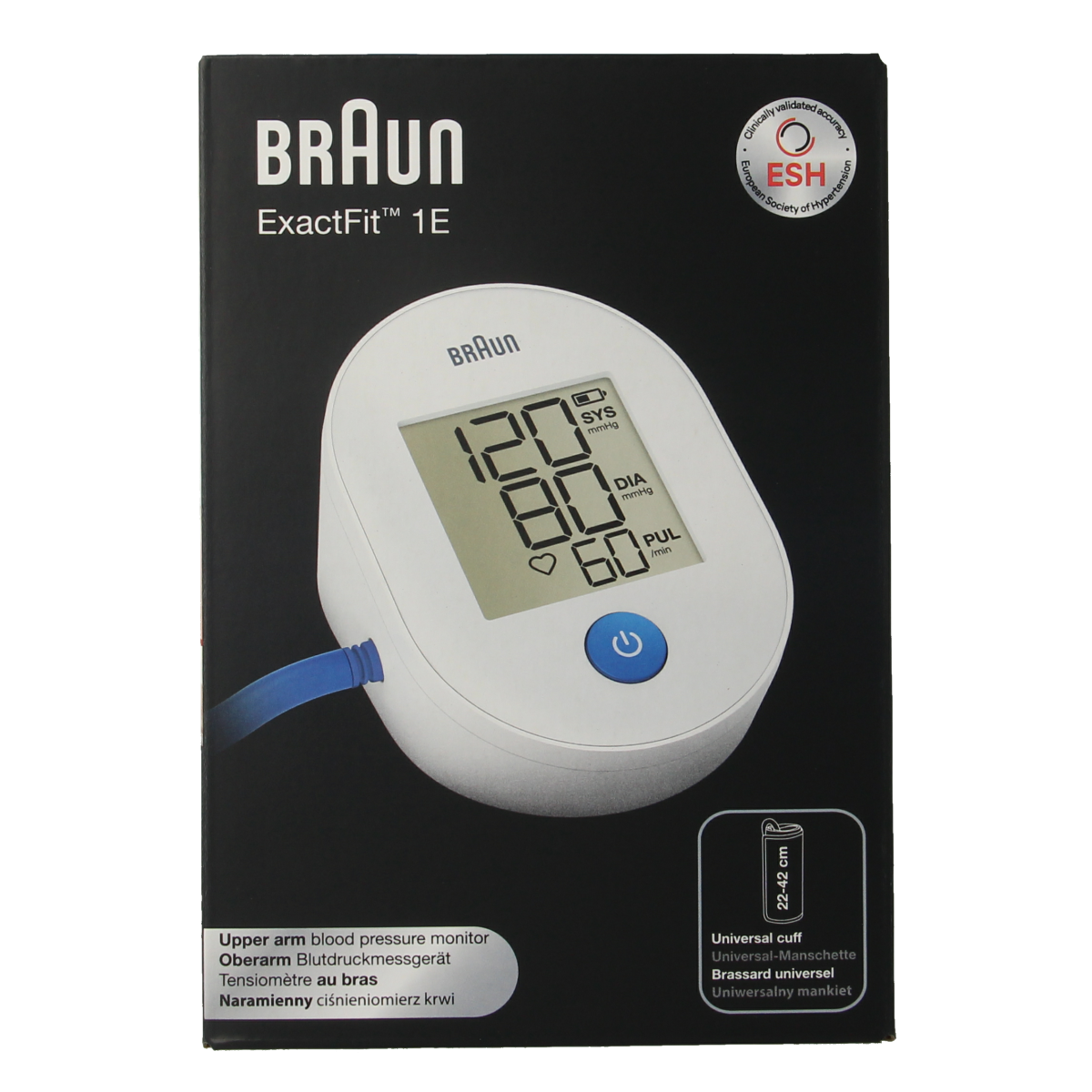 Braun Exactfit 1E upper arm blood pressure monitor with cuff, digital display, and control buttons for accurate blood pressure readings.