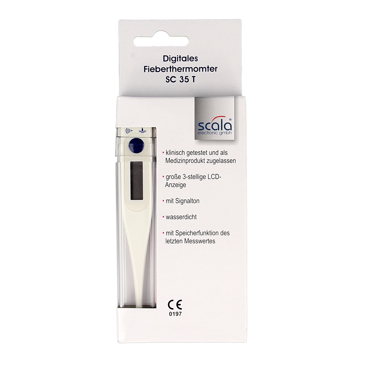 Scala digital thermometer displaying a temperature reading, featuring a sleek design and digital screen.