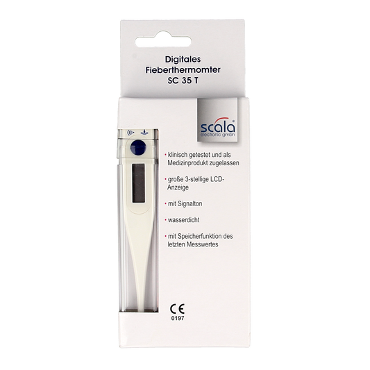 Scala digital thermometer displaying a temperature reading, featuring a sleek design and digital screen.