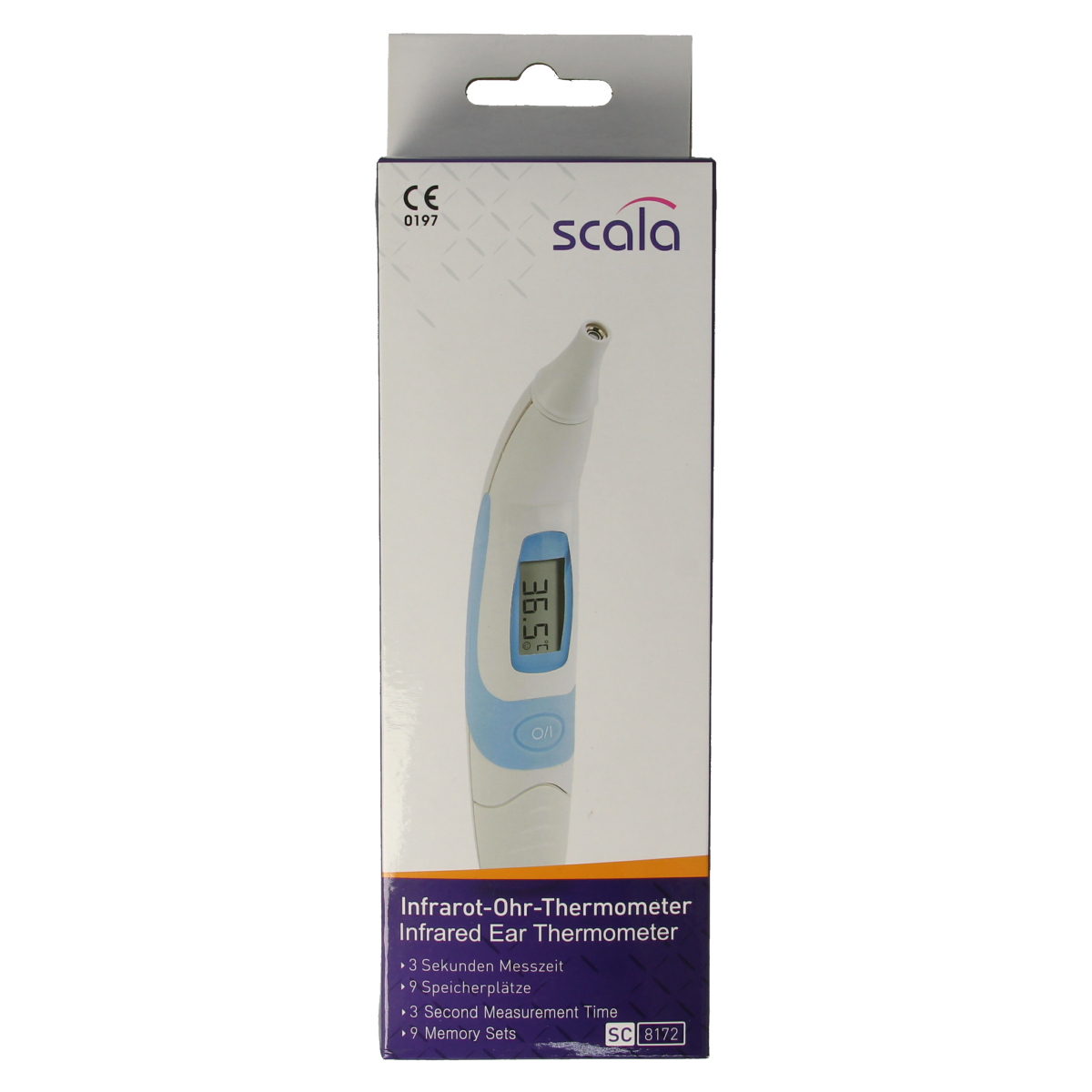 Scala Oorthermometer SC 8172 for accurate temperature measurement, showing a close-up of the digital thermometer displaying readings.