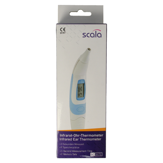 Scala Oorthermometer SC 8172 for accurate temperature measurement, showing a close-up of the digital thermometer displaying readings.