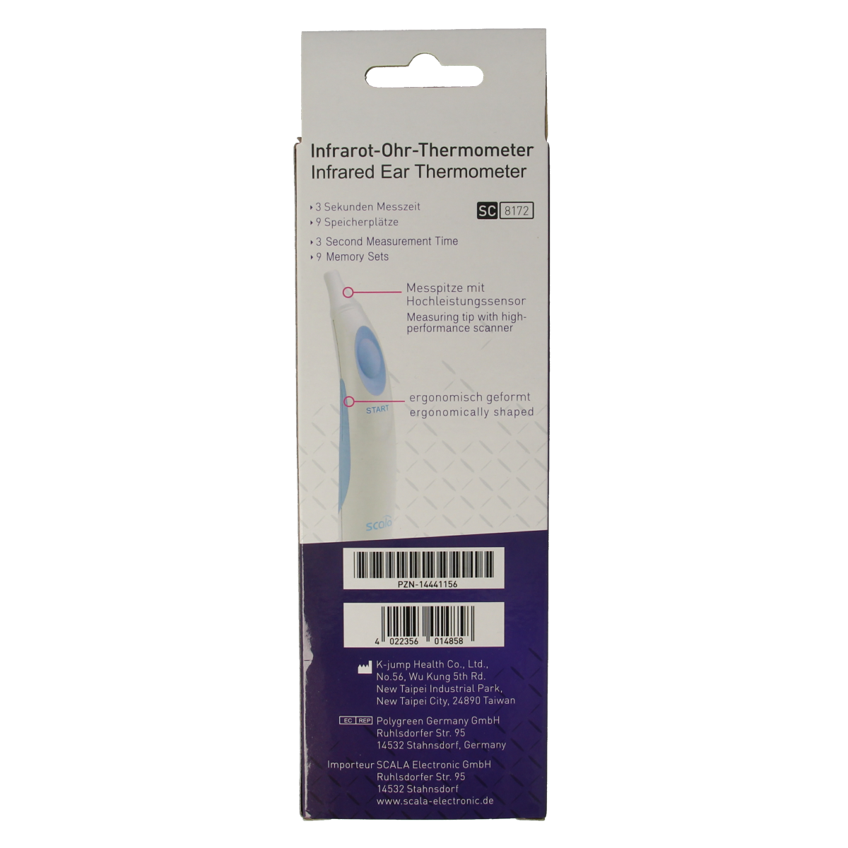 Scala Oorthermometer SC 8172, a digital thermometer with a display, used for accurate temperature measurement.