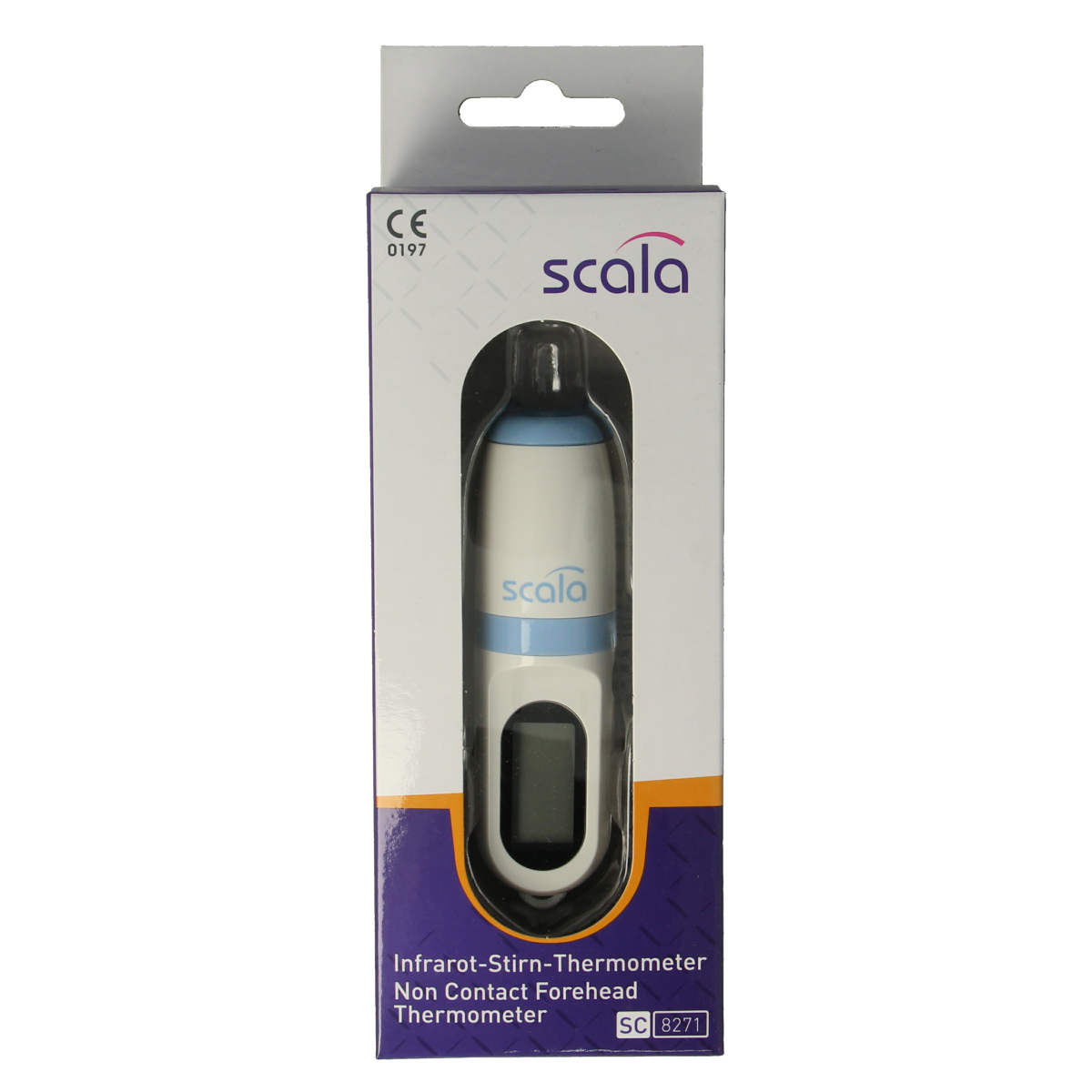 Scala Voorhoofdthermometer SC8721 showing digital display and probe for accurate forehead temperature measurement.
