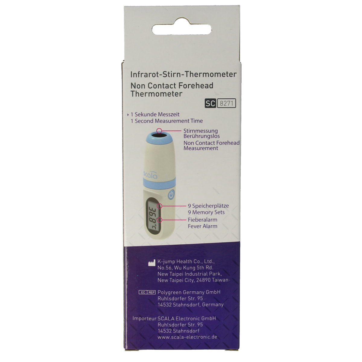 Scala Voorhoofdthermometer SC8721 showing digital display and probe for accurate forehead temperature measurement.