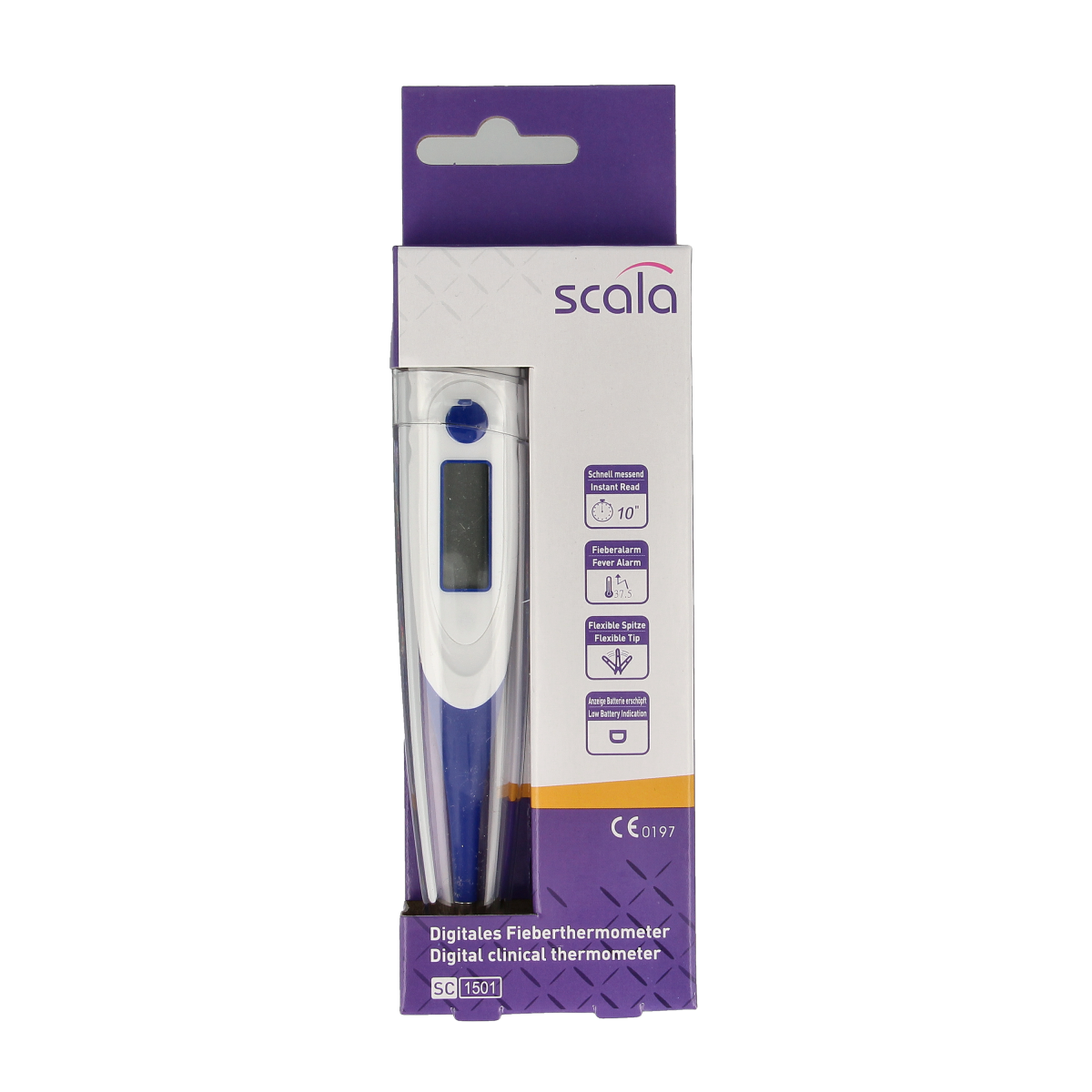 Digital Scala thermometer SC 1501 displaying temperature, compact handheld device for accurate body temperature measurement.