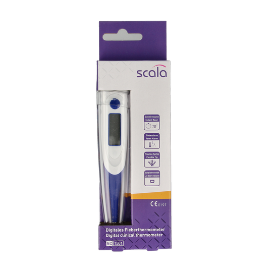 Digital Scala thermometer SC 1501 displaying temperature, compact handheld device for accurate body temperature measurement.