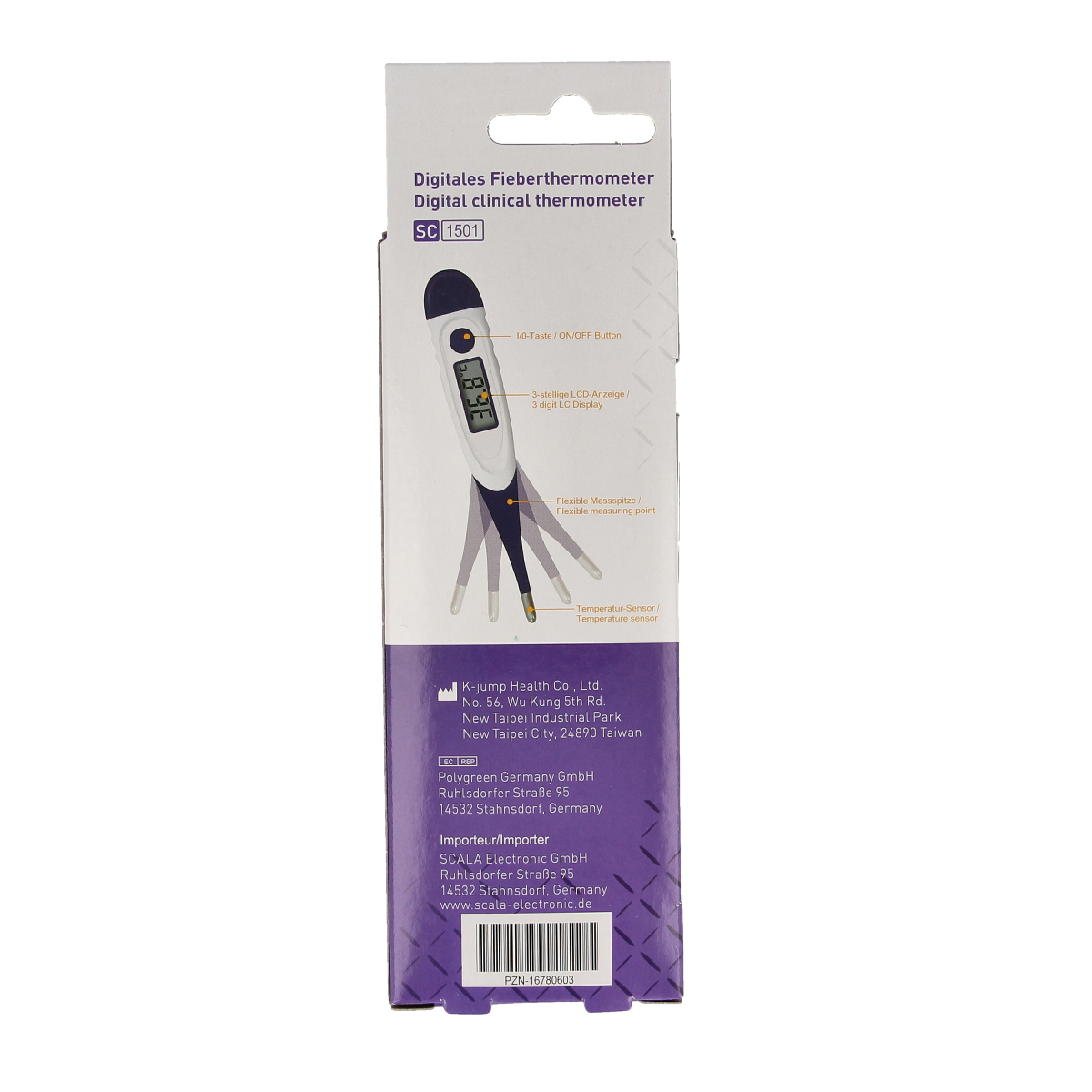 Digital Scala SC 1501 thermometer showing a clear display screen, used for accurate temperature measurement.