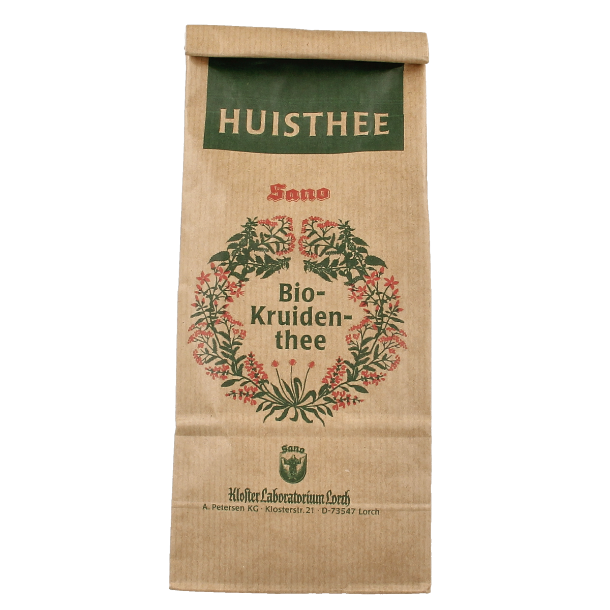 Sano Huisthee bio 70g, organic herbal tea in a clear packaging, featuring dried herbs and tea leaves.