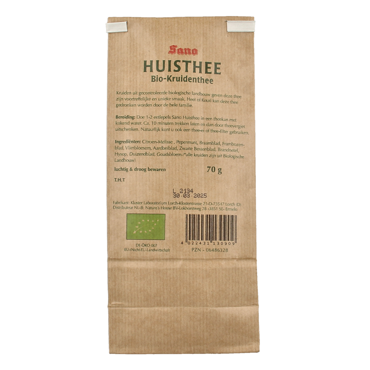 Sano bio Huisthee tea in 70g package, featuring herbal tea leaves and natural ingredients, ideal for healthy tea brewing.