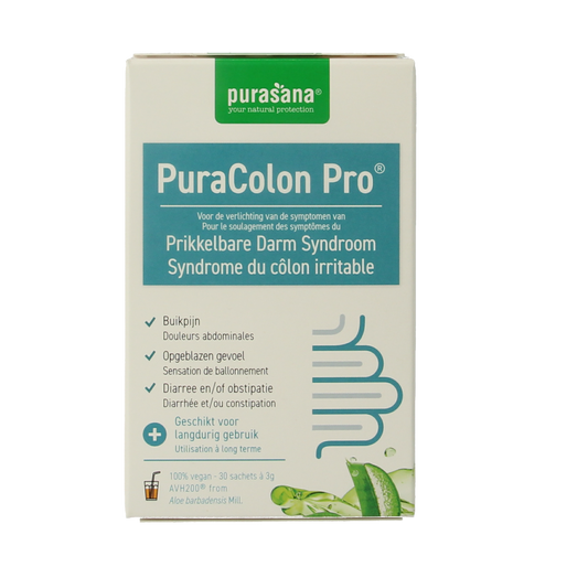 Purasana Puracolon Pro sachets for digestive health, showing 90g package with herbal supplement for irritable bowel syndrome.